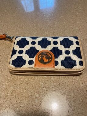 NWOT-Spartina 449 Navy & Cream Geometric Wristlet with Tan Trim and Logo